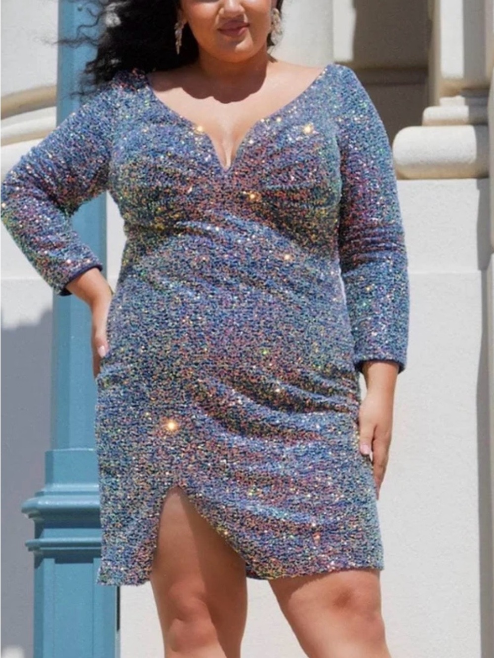 Plus-Size Sparkle V-Neck Bodycon Dress in Multicolor